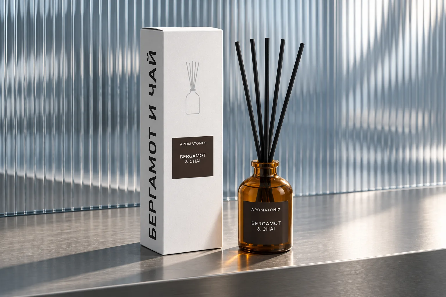 Диффузор AROMATONIX Bergamot & Chai с коробкой на стальной полке у рифленого стекла