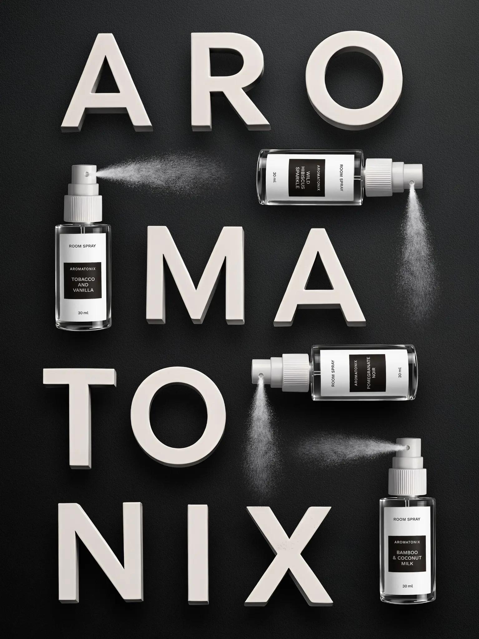 Парфюмированные спреи AROMATONIX среди объемных букв AROMATONIX