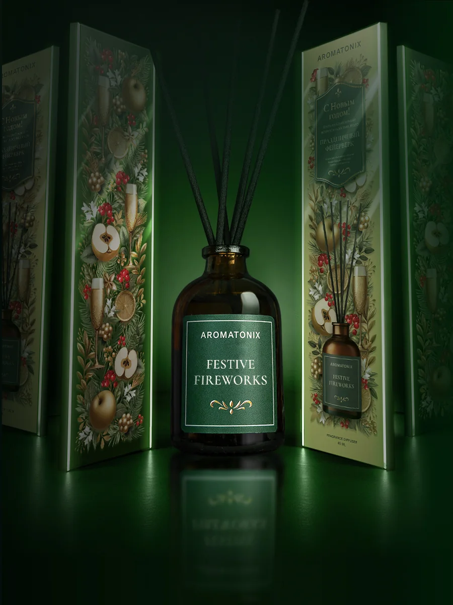 Диффузор AROMATONIX Праздничный фейерверк на фоне изумрудных створок коробки